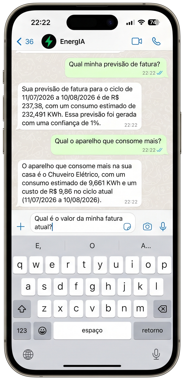 Conversa real no WhatsApp com o assistente da Mileora respondendo a previsão de fatura e qual aparelho consome mais